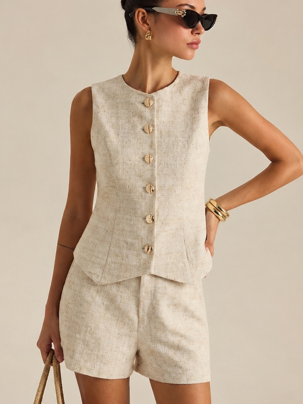 Commense tweed apricot shorts high rise beige neutral textured